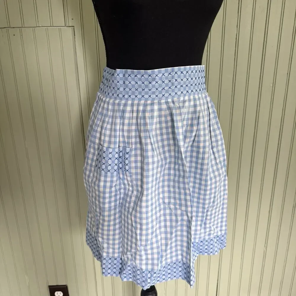 Vtg Hostess Half Apron Blue White MCM 50s Pocket Retro Tie Trad Cottage Gingham